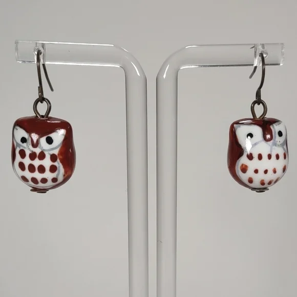 Handmade Cute Little Ceramic Bead Owl Fishhook Post Earrings - Picture 2 of 7
